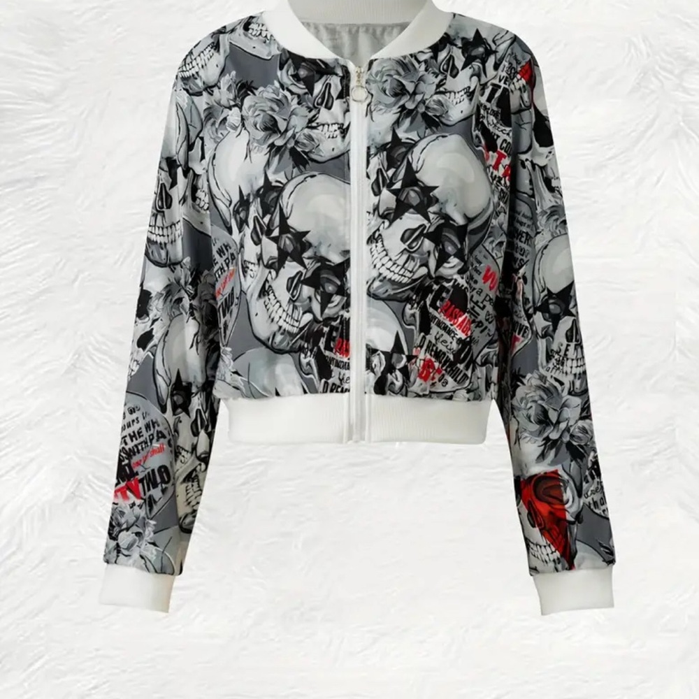Women's Graphic Skull Print Jacket Grey - Picture 4 of 10